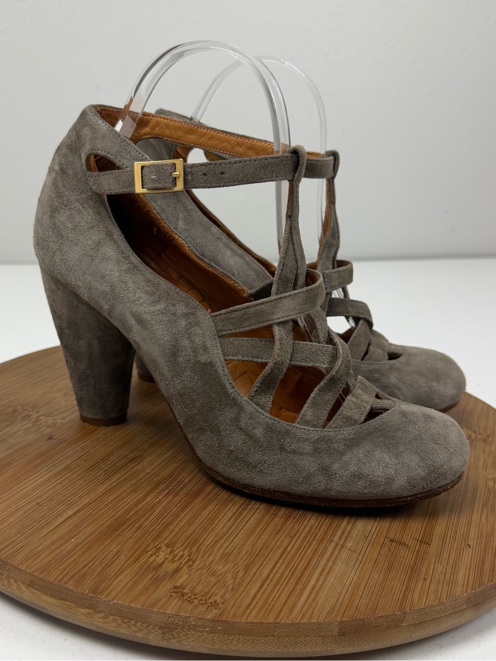 Chie Mihara Taupe Suede Strappy T‑Bar Heels